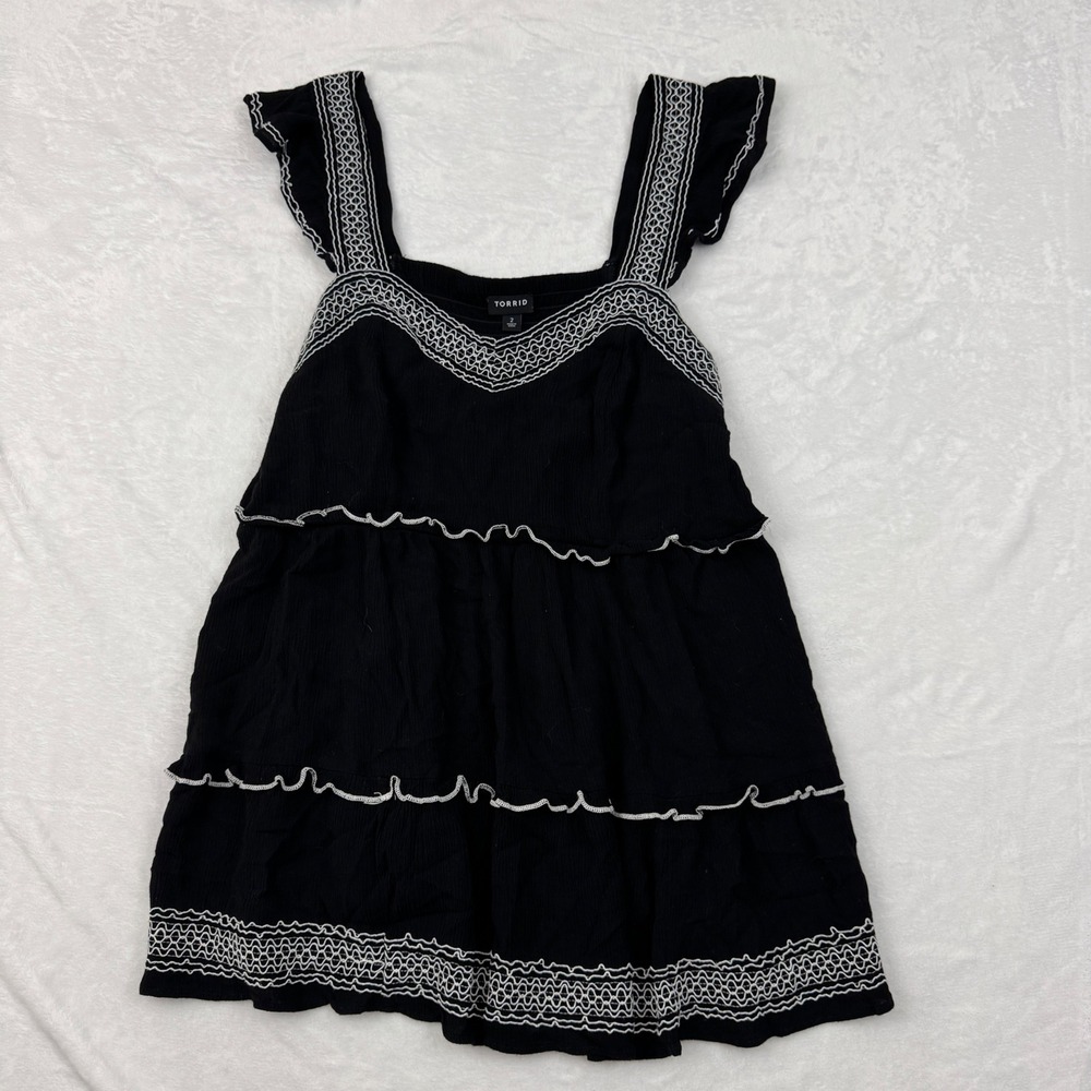 Torrid Women 2 Black Embroidered Tier Babydoll Top Smocked Rayon Flutter Sleeve